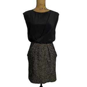 Pyrus S Dress‎ Ink Black Silk Asymetric Pleat Top Black Tweed Texture Skirt Work